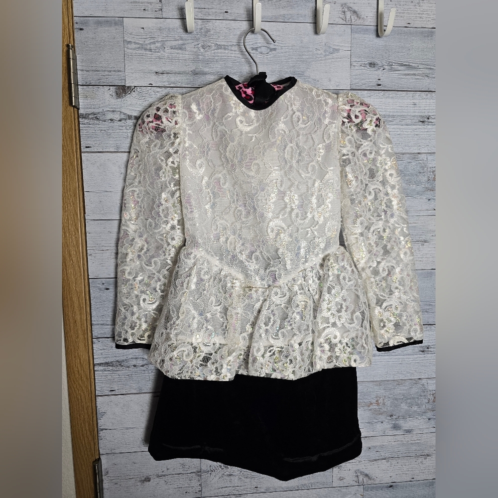 Vintage 80s Lace & Fineness Lace Black Velvet Dress Girls Size 7